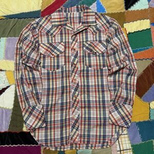 Vintage Spring Colorblocked Plaided Double Pocketed Orange Pearl Snap (Tagless)